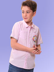 Boys’ 96% Cotton 4% Elastane Half Sleeves Pink Stretch Shirt with Mélange Trim and Print – Ready for Action