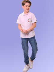 Boys’ 96% Cotton 4% Elastane Half Sleeves Pink Stretch Shirt with Mélange Trim and Print – Ready for Action