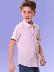 Boys’ 96% Cotton 4% Elastane Half Sleeves Pink Stretch Shirt with Mélange Trim and Print – Ready for Action