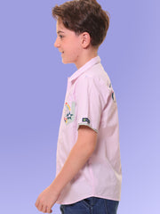 Boys’ 96% Cotton 4% Elastane Half Sleeves Pink Stretch Shirt with Mélange Trim and Print – Ready for Action